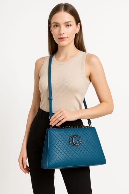 Elegant Teal Quilted Crossbody Bag with Double G Logo and Chain Detail